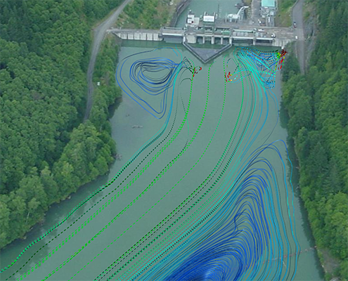 Flow modeling of Cowlitz Falls Dam from an aerial view