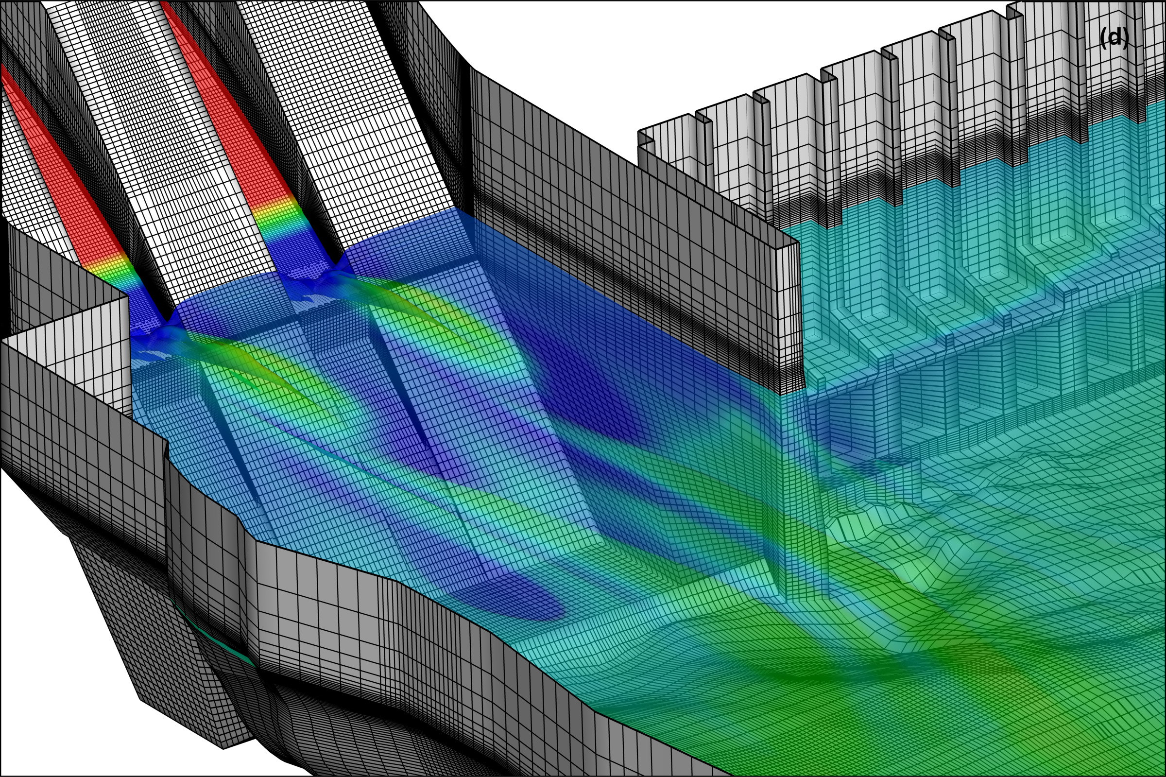 a CFD mesh image created by IIHR researchers of a spillway leading into waters