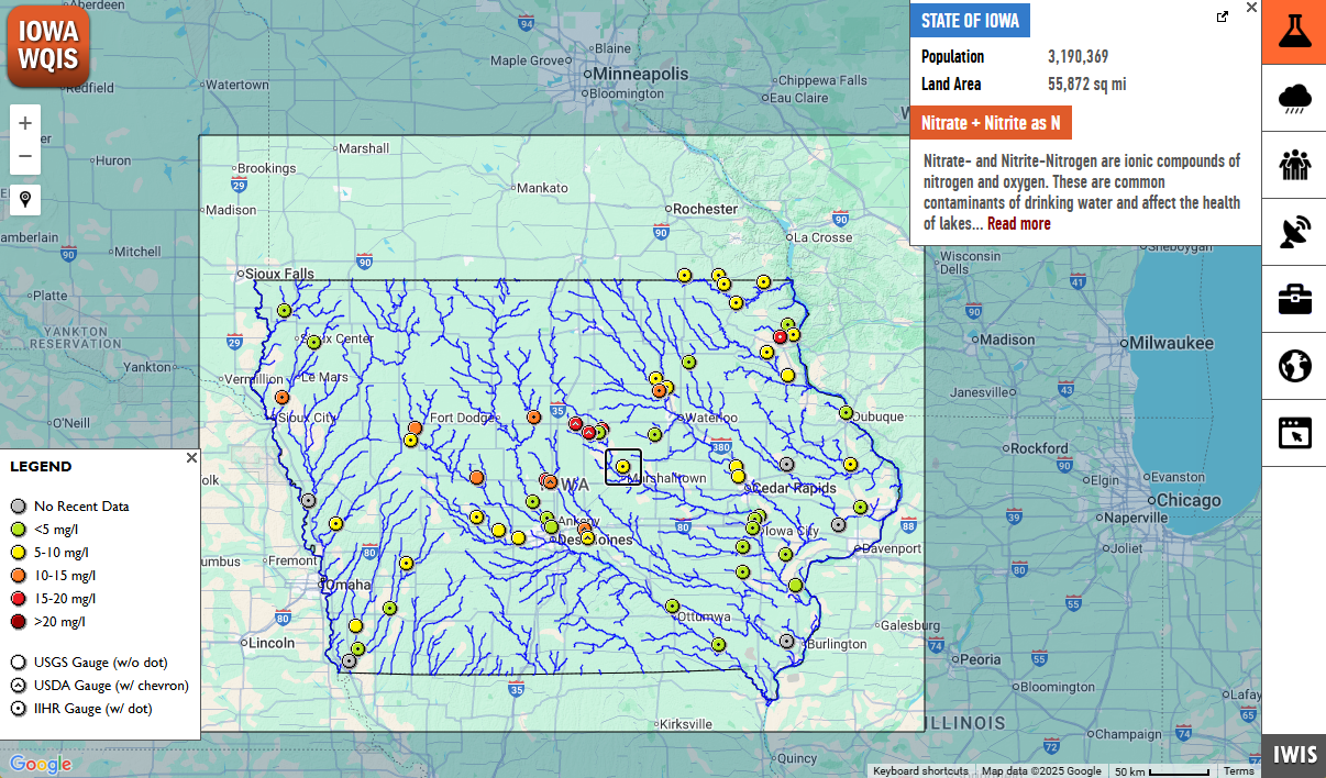 IWQIS screenshot of homepage, a map of iowa with water quality monitor dots
