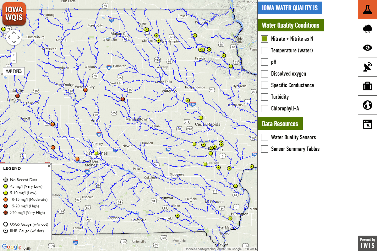 Screenshot of IWQIS platform with water quality conditions pulled up, nitrate selected