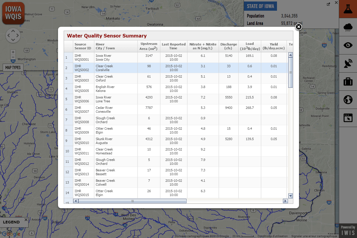 IWQIS with water quality sensor summary showing