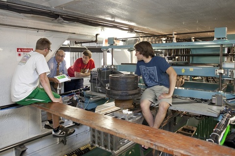Fred Stern works with students at the tow tank