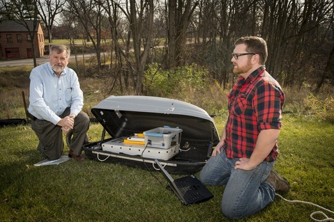 Researchers pose with ground penetrating radar instrument