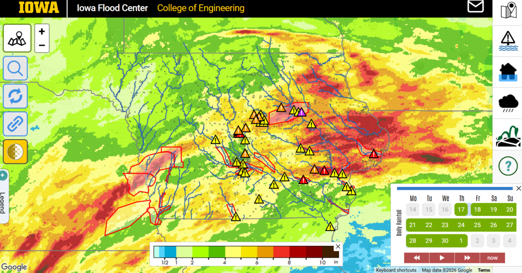 A colorful weather map of Iowa showing heavy precipitation from the Iowa Flood Information System