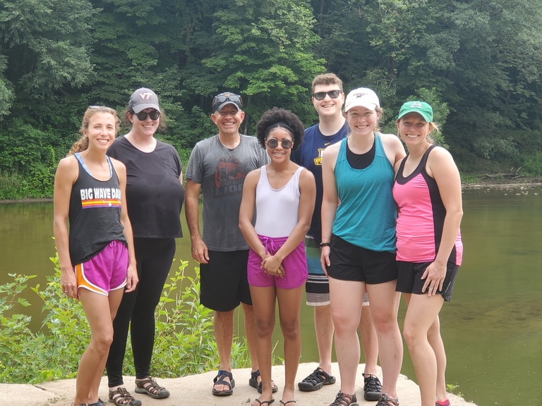 A lab group enjoying their kayak trip together