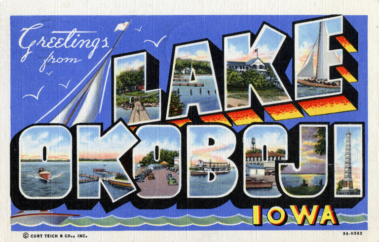 A vintage postcard from Lake Okoboji with area photos displayed in the letters. The text says Greetings from Lake Okoboji