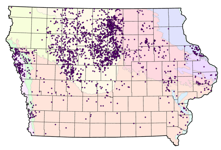 Arsenic well test results on a map of Iowa 