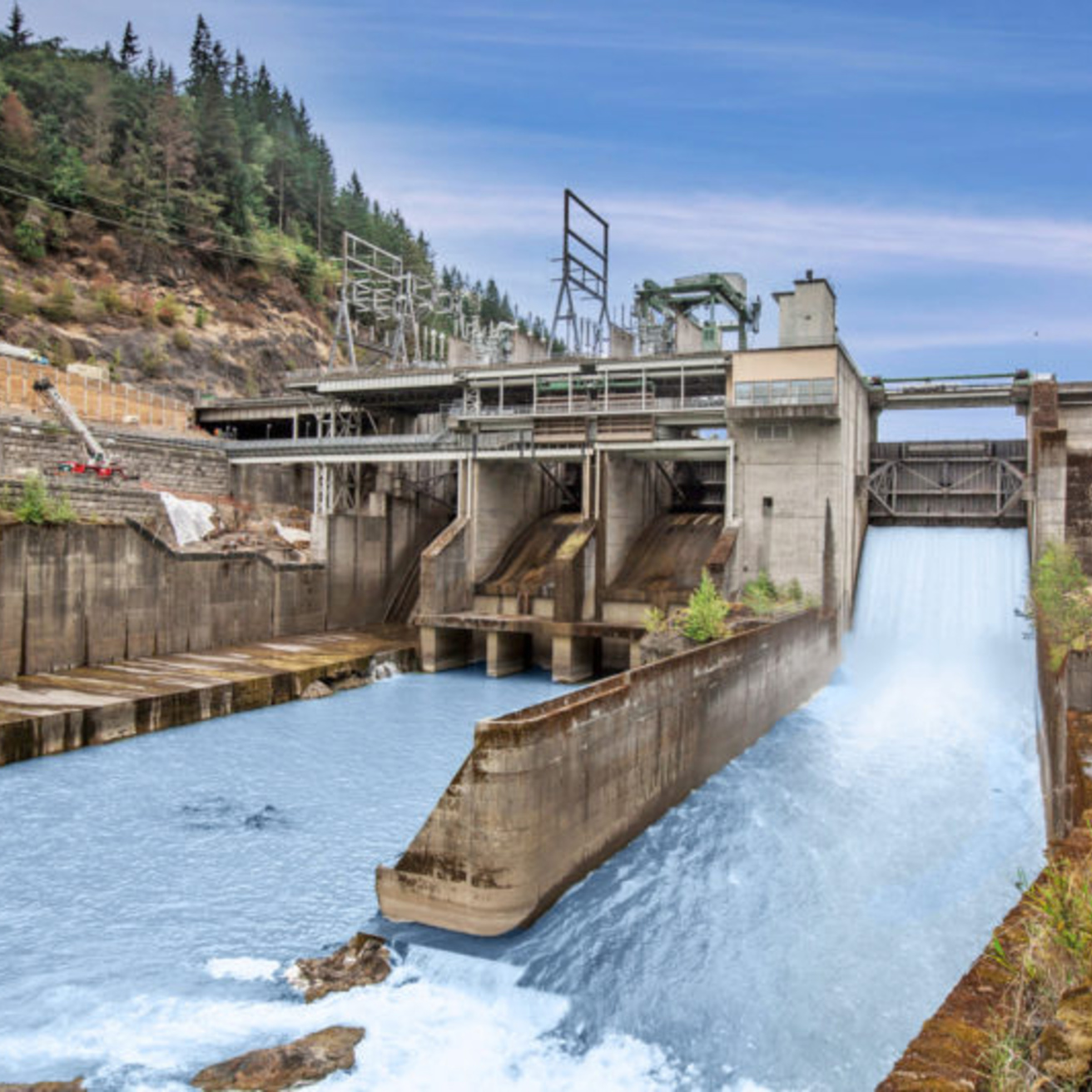 Cowlitz Dam looking upstream as water pours out the outlet