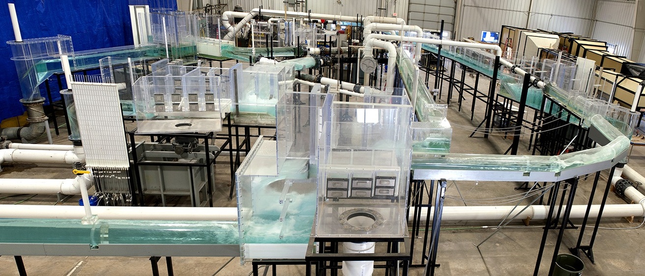 Water flows through a massive, warehouse-sized model of a portion of the London sewer system