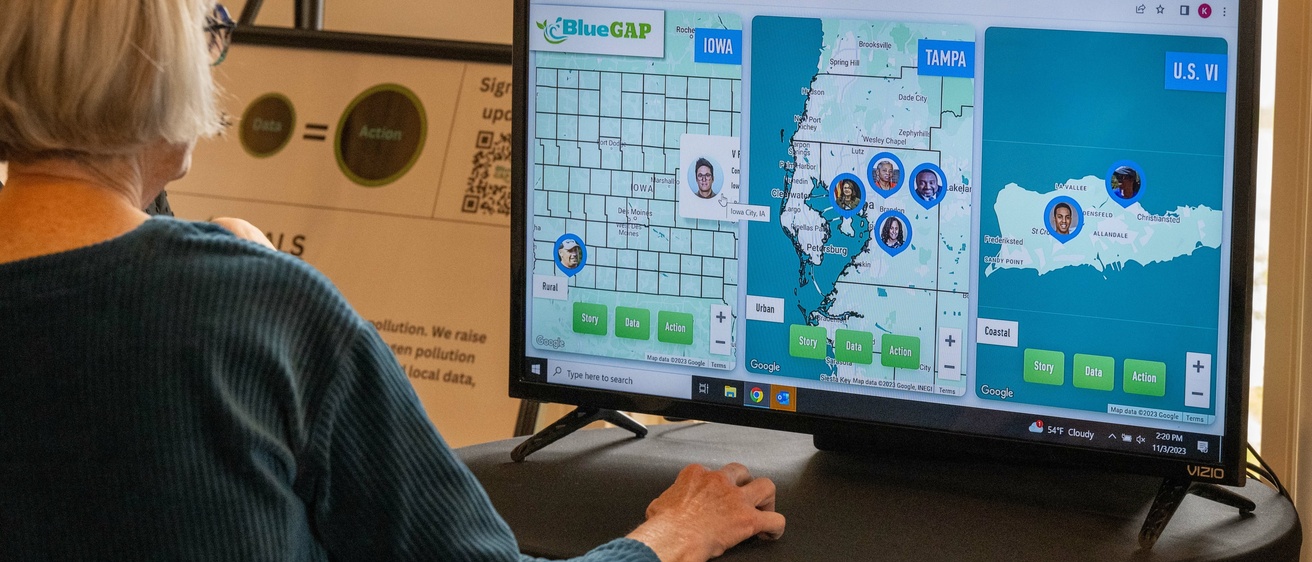 A woman is photographed while checking out the BlueGAP-IS online