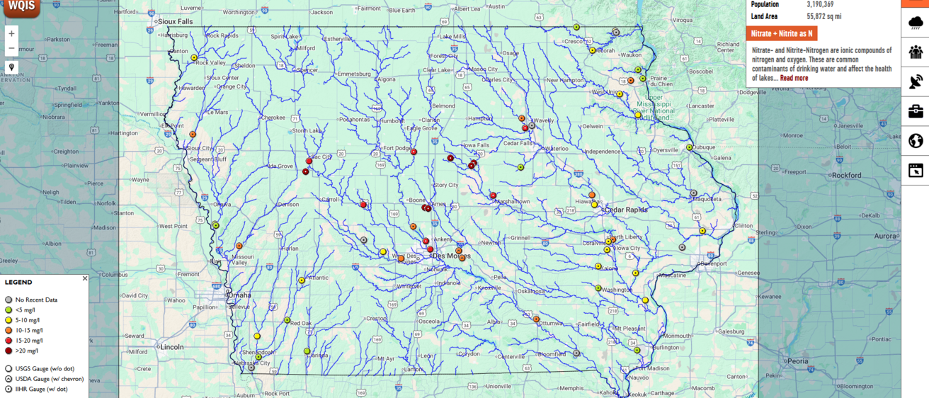 a screenshot of IWQIS with current nitrogen levels across the state