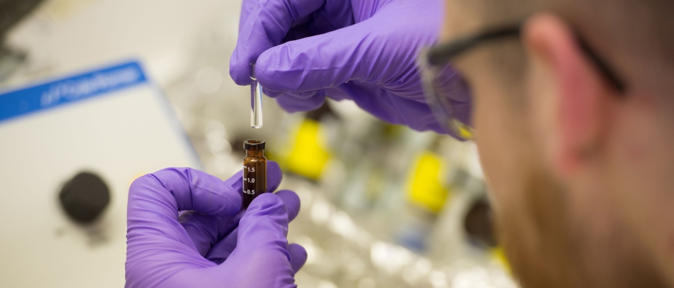 View over the shoulder of a lab technician; his purple gloved hands are conducting a lab test
