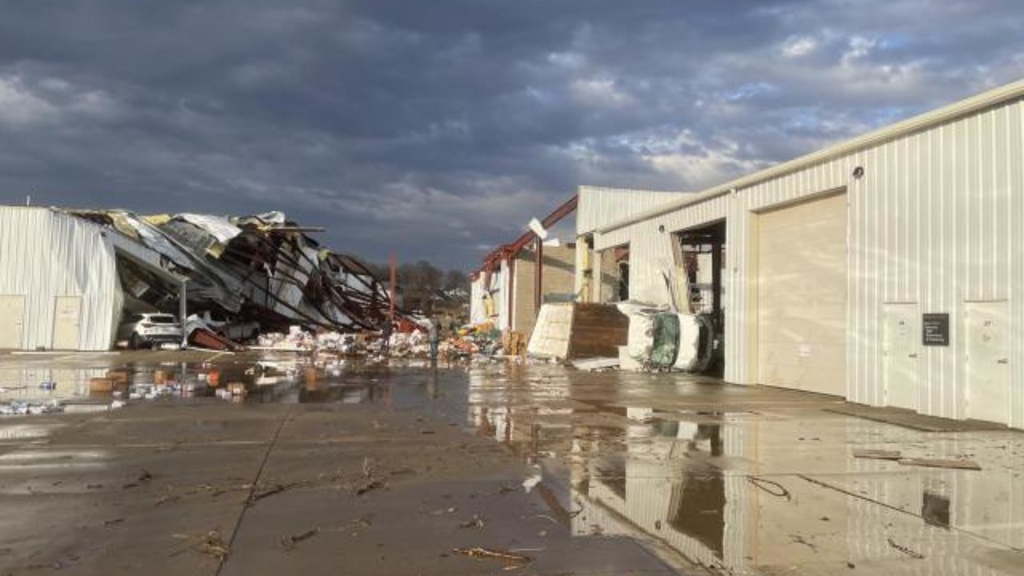 A view of the damage at the University of Iowa's James Street Lab in Coralville following a severe storm on March 31