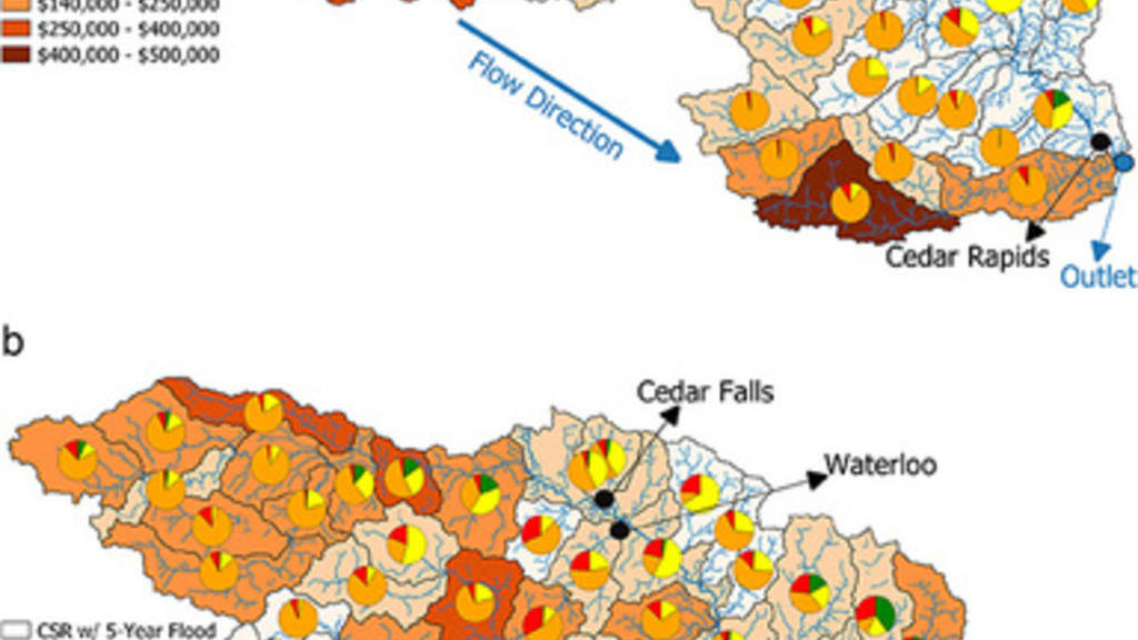 Map showing the flood risk, crop yield, and annual average losses for farmland
