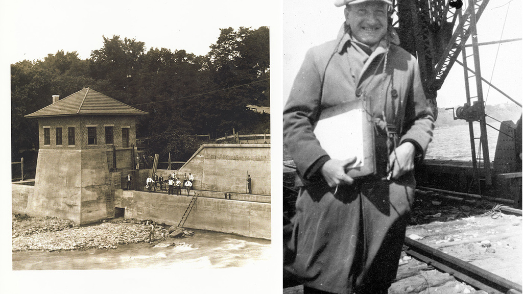 Two black and white photos side by side: the first hydraulics lab with students outside, and first director Floyd Nagler in a trench coat and slouch hat with a clipboard.
