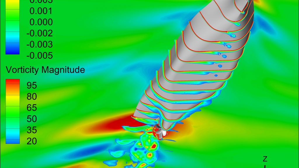Colorful computerized image of a simulation of a ship moving through water
