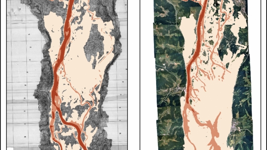 Side by side maps of the Mississippi River showing the river as it existed before the current lock and dam system and after.