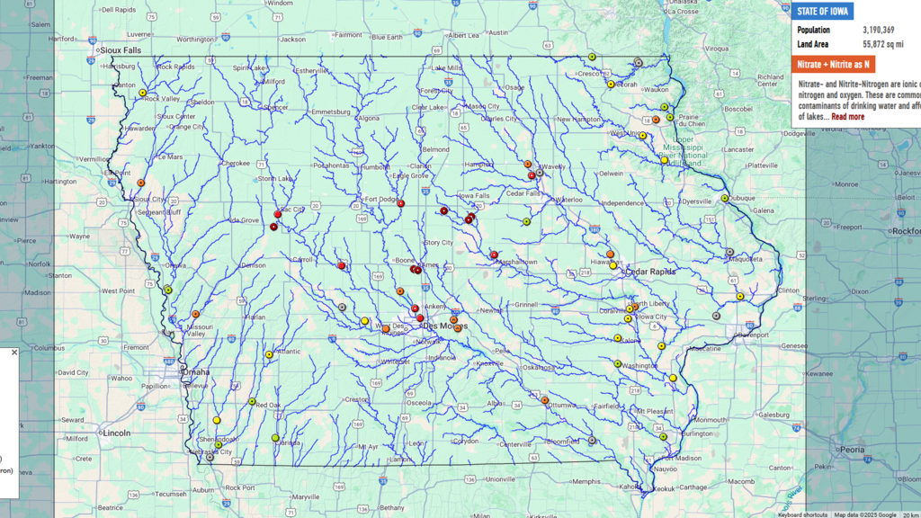 a screenshot of IWQIS with current nitrogen levels across the state