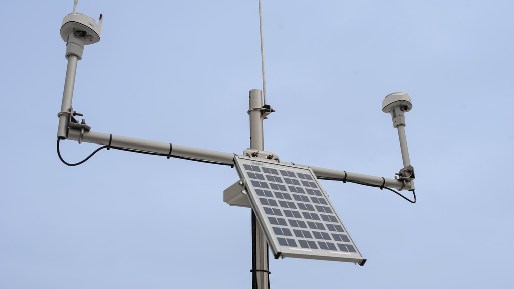 the top of an IFC hydrostation up close, against a grey sky