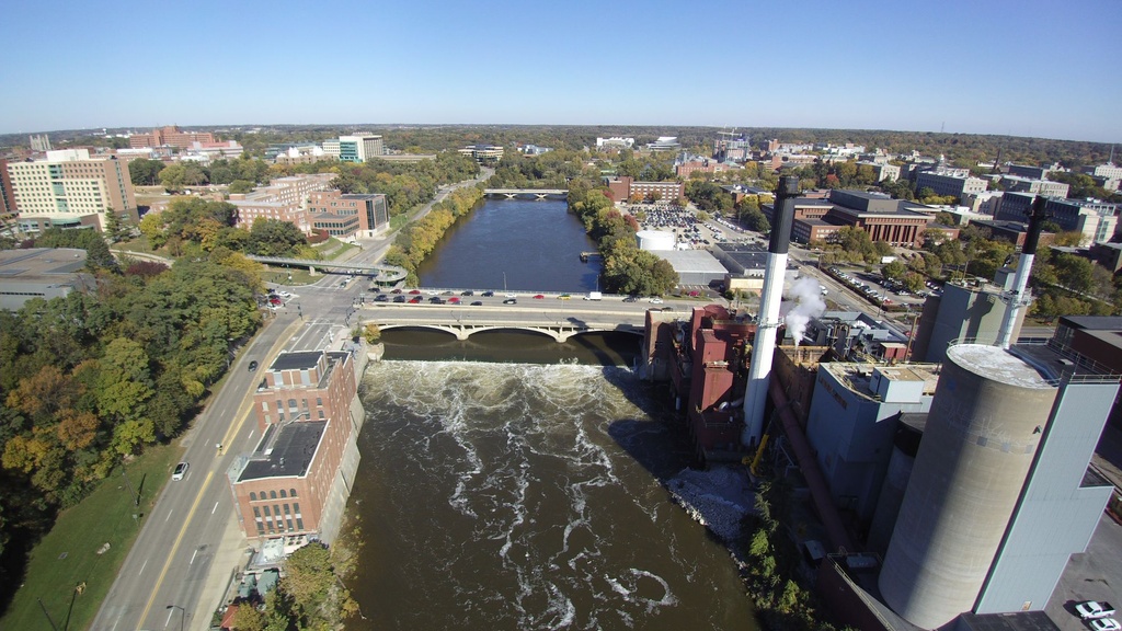 An aerial view of the Stanley Hydraulics Lab, the Iowa River, and the UI Power Plant